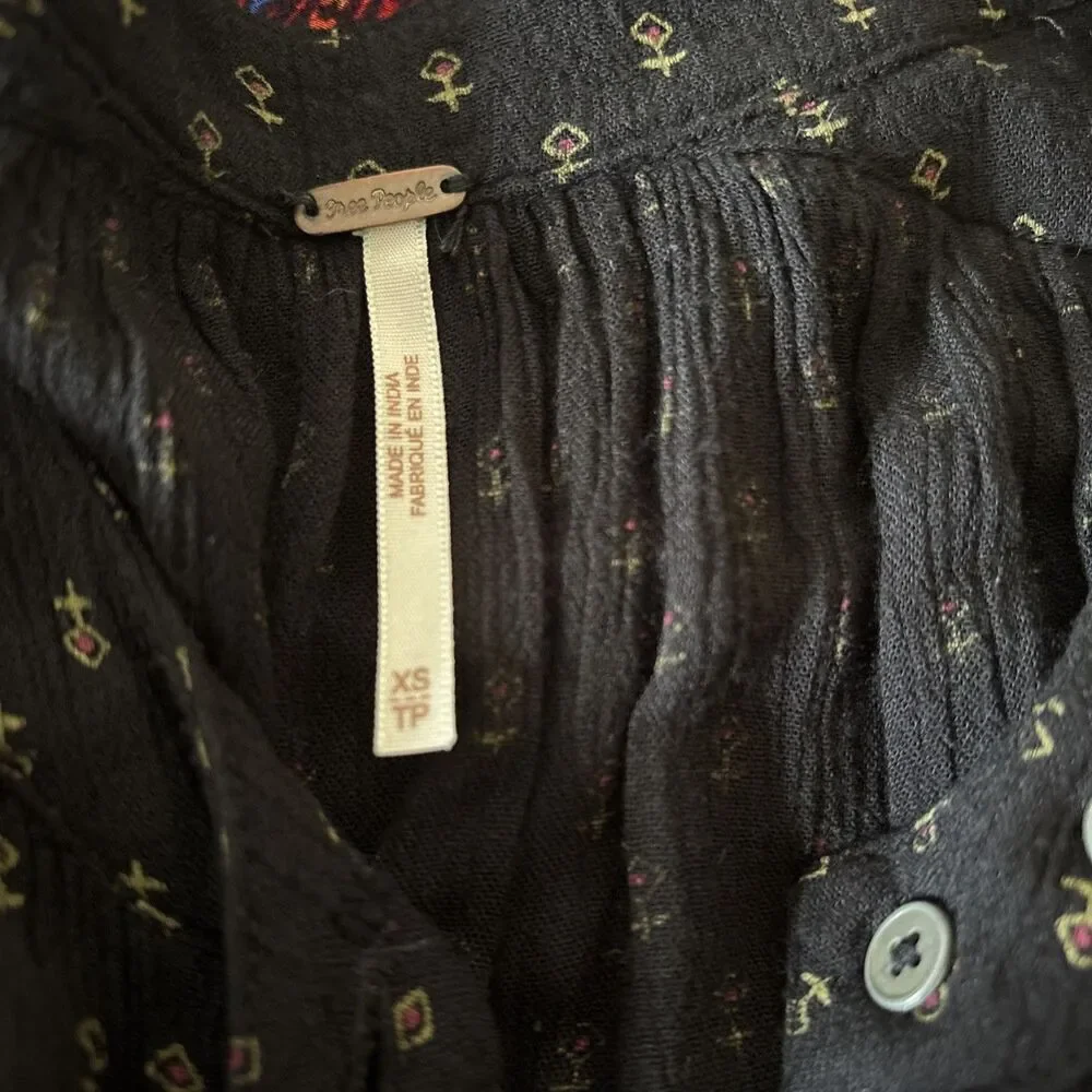 Free People Coal Combo Tribal Tunic Top Sz XS Black Baggy High Low Dress Boho